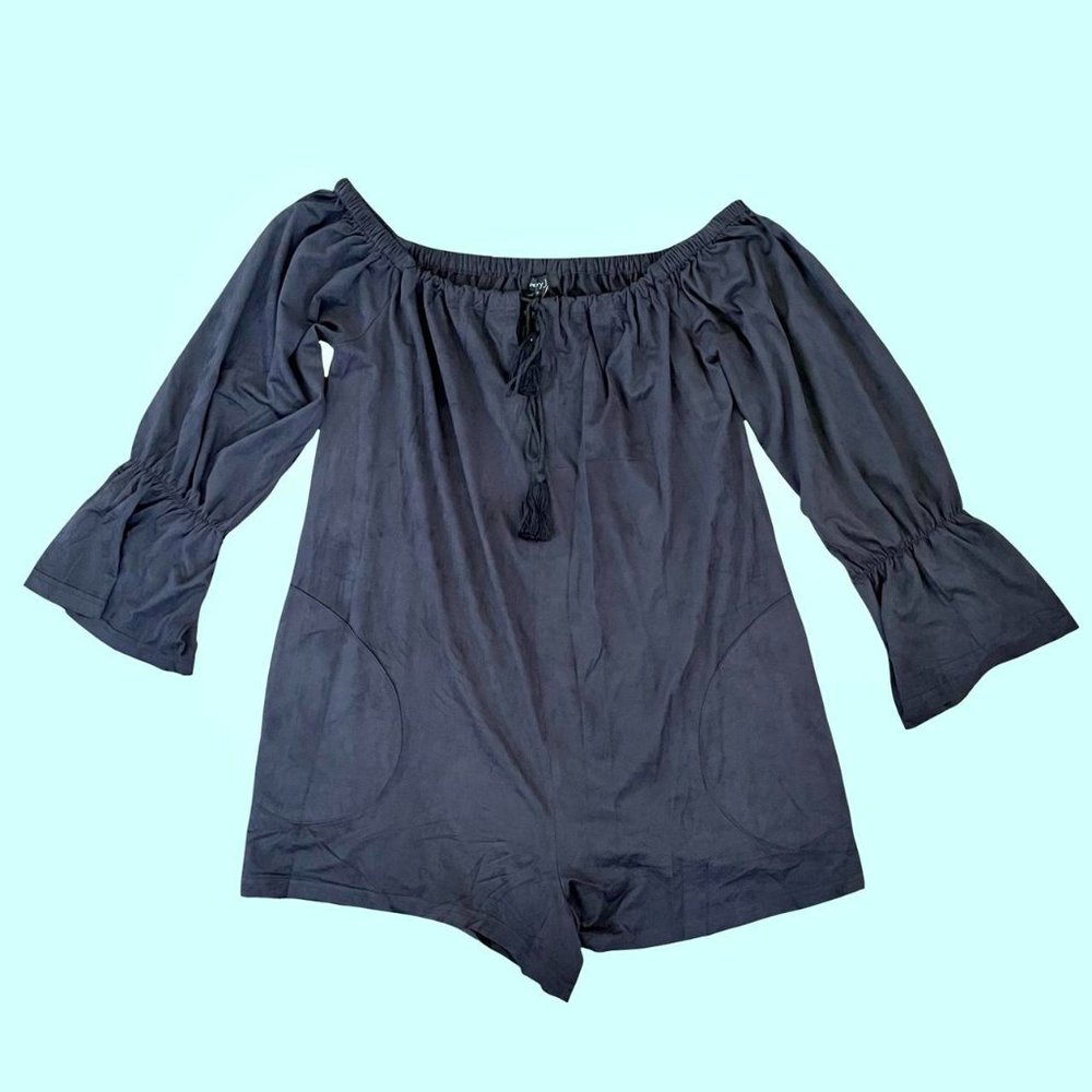 Navy blue faux suede-esque romper with off the shoulder neckline